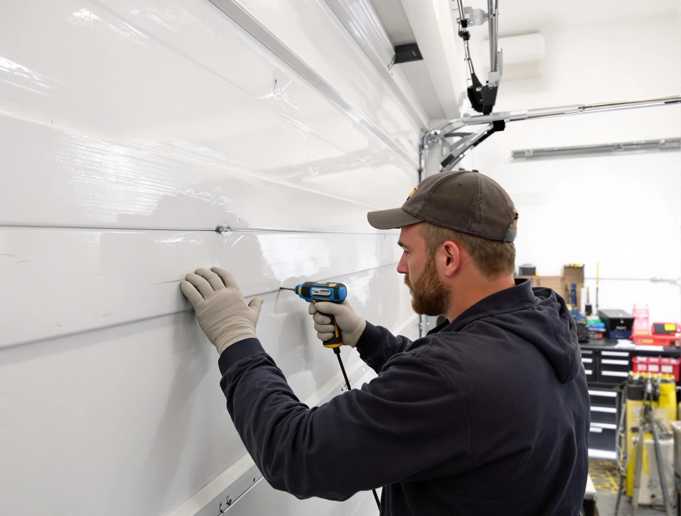 East Basin Garage Door Repair technician demonstrating precision dent removal techniques on a East Basin garage door